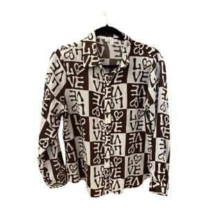 Rabbit Rose Shirt, Size L, Brown Checkered Print, LOVE Written All Over.